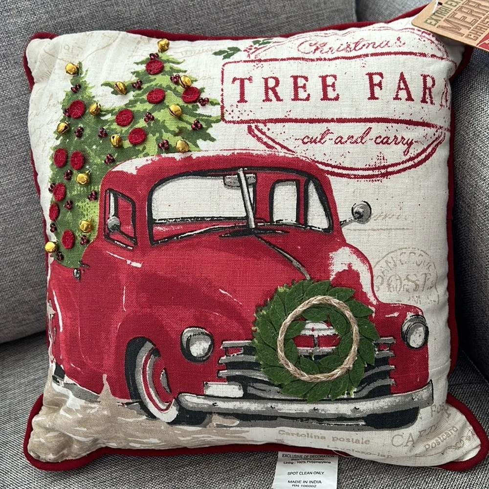 Vintage Inspired Christmas Holiday Pillow with vintage red truck & jingle bells